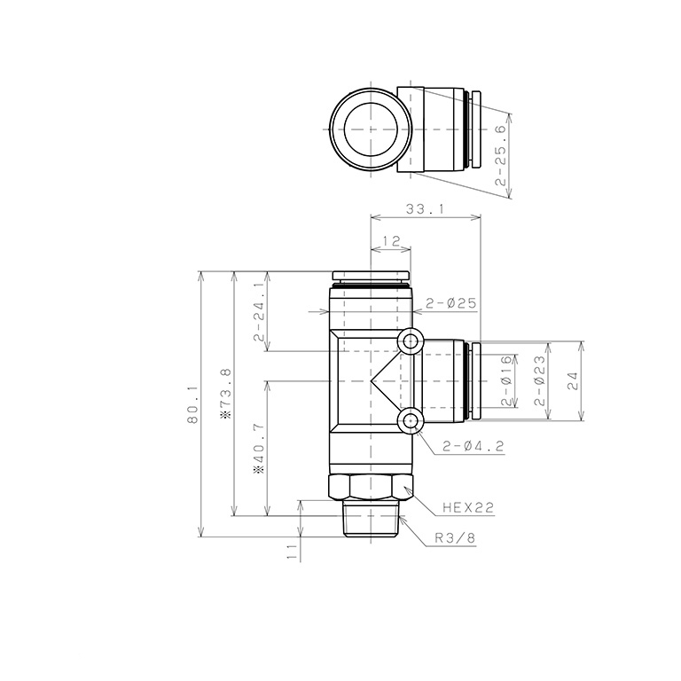 Bản vẽ kỹ thuật Đầu Nối Nhanh Khí Nén Dạng Chữ T Ren Ngoài Pisco PD16-03