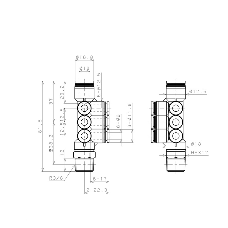 Bản vẽ kỹ thuật Đầu Nối Nhanh Khí Nén Dạng Chữ T Sáu Nhánh Ren Ngoài Pisco PKVD10-6-03