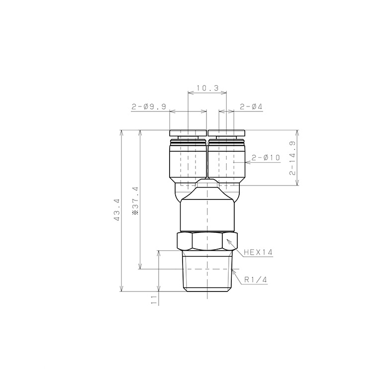 Bản vẽ kỹ thuật Đầu Nối Nhanh Khí Nén Dạng Chữ Y Ren Ngoài Pisco PX4-02W