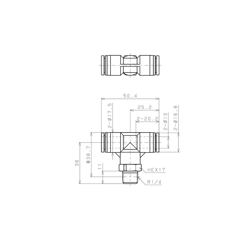 Bản vẽ kỹ thuật Đầu Nối Nhanh Khí Nén Dạng Chữ T Ren Ngoài Pisco SPPB10-02