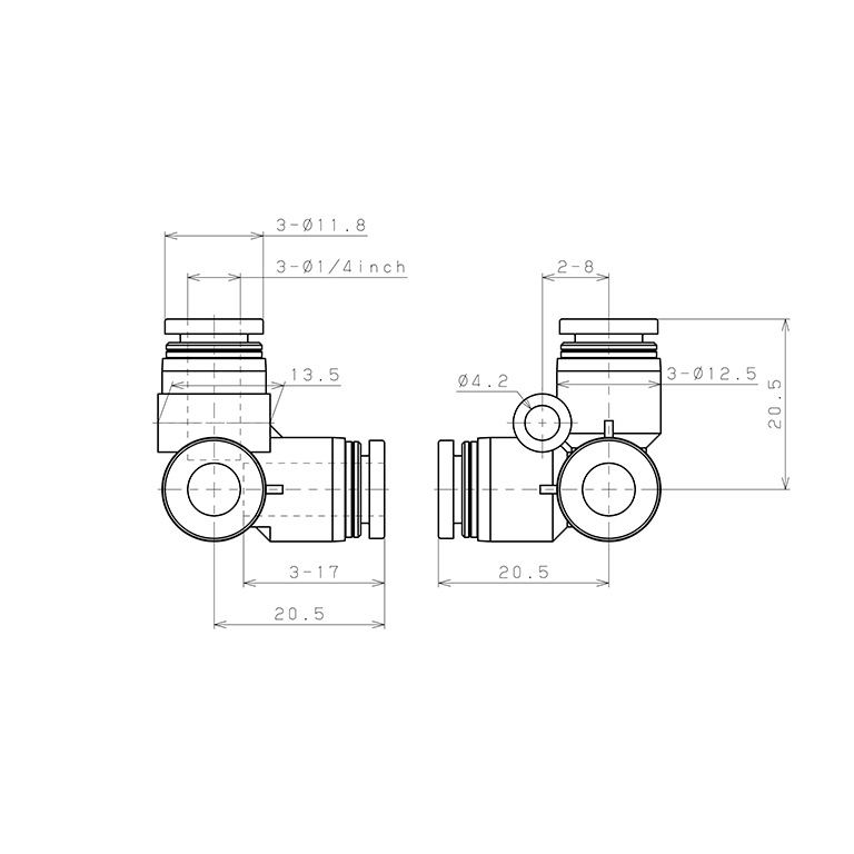 Bản vẽ kỹ thuật Đầu Nối Nhanh Khí Nén Chạc Ba 90° Pisco PVU1/4