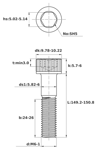 Bản vẽ kỹ thuật Lục Giác Chìm Đầu Trụ Inox 316 DIN912 M6x150 Ren Lửng