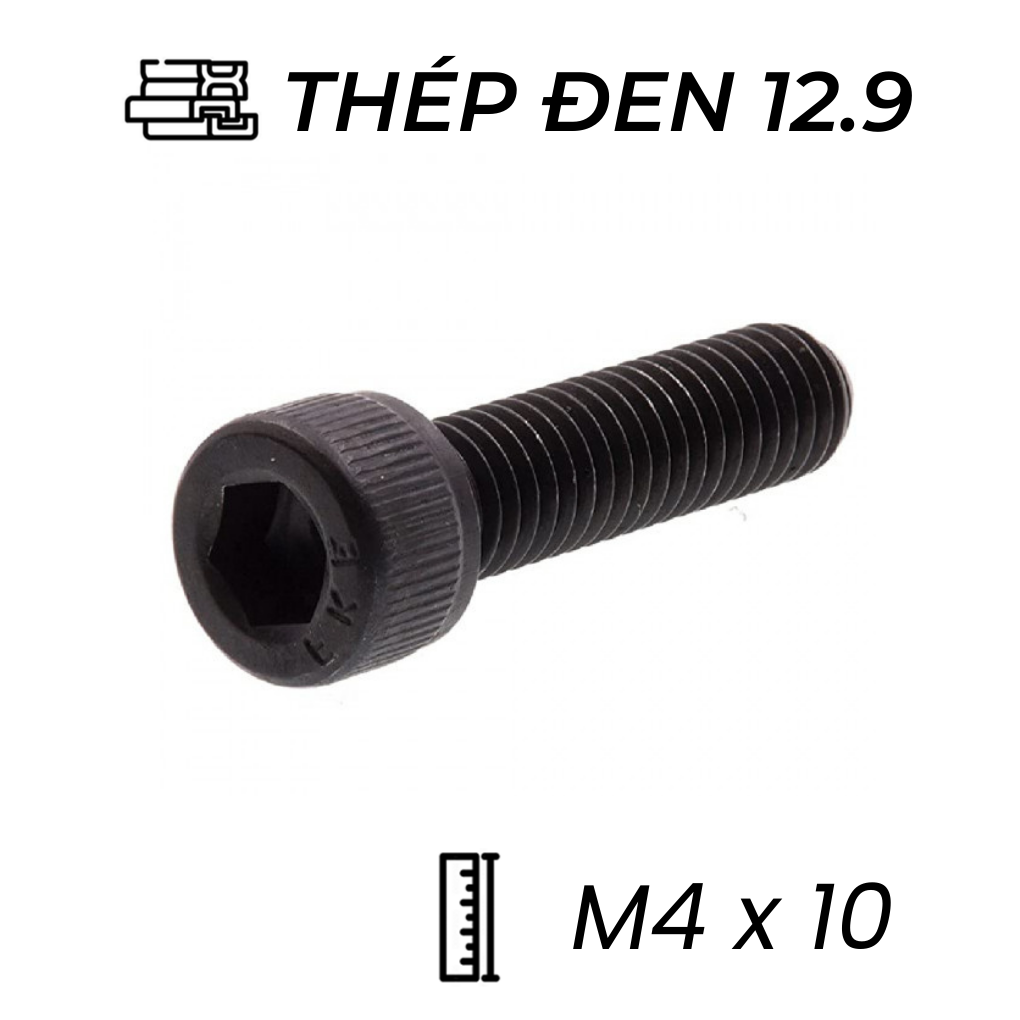 Lục Giác Chìm Đầu Trụ Thép Đen 12.9 DIN912 M4x10 (50Cái/Bịch)