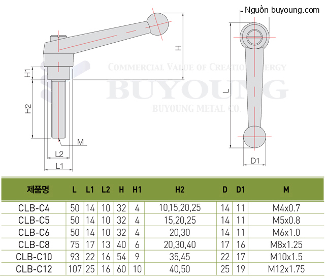 Bản vẽ kỹ thuật Tay siết Buyoung M10x45 CLB-C10-45