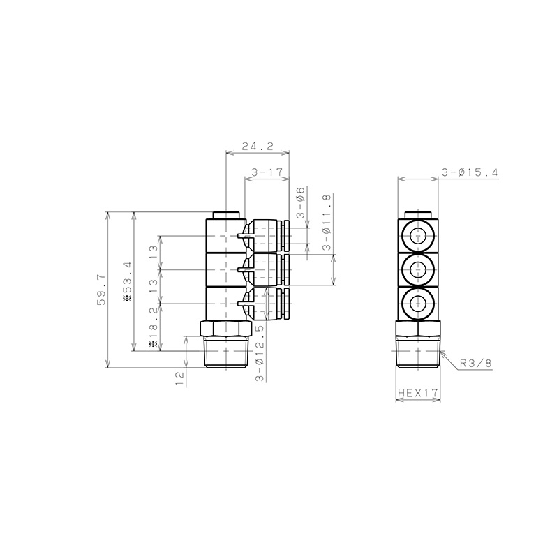 Bản vẽ kỹ thuật Đầu Nối Nhanh Khí Nén Ba Nhánh Cong 90° Thân Lục Giác Trụ Ren Ngoài Pisco SPHT6-03