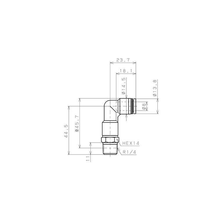 Bản vẽ kỹ thuật Đầu Nối Nhanh Khí Nén Dạng Cong 90° Ren Ngoài (Dài) Pisco PLL8-02