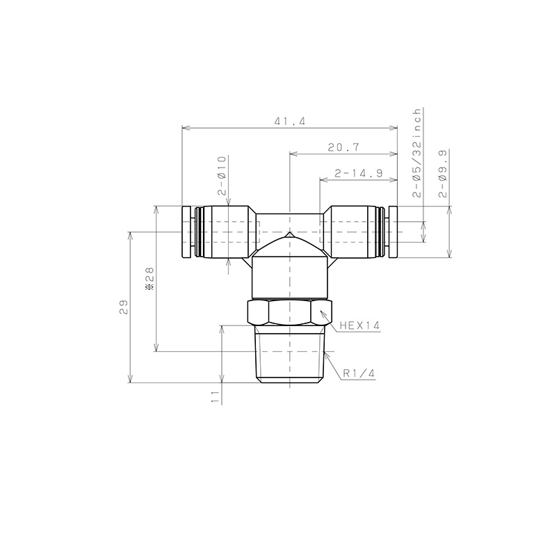 Bản vẽ kỹ thuật Đầu Nối Nhanh Khí Nén Dạng Chữ T Ren Ngoài Pisco PB5/32-02-C