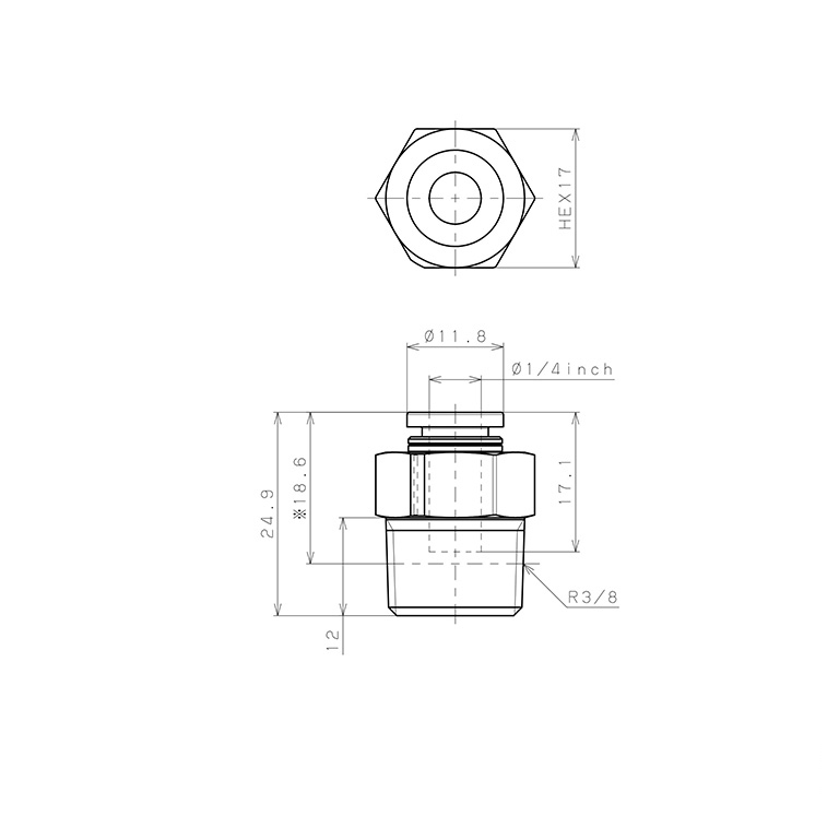 Bản vẽ kỹ thuật Đầu Nối Nhanh Khí Nén Dạng Thẳng Thân Lục Giác Ren Ngoài Pisco PPC1/4-03-UC