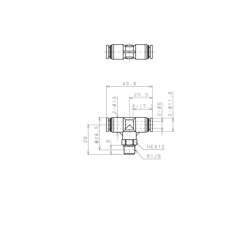Bản vẽ kỹ thuật Đầu Nối Nhanh Khí Nén Dạng Chữ T Ren Ngoài Pisco PPB6-01SUS-F-S