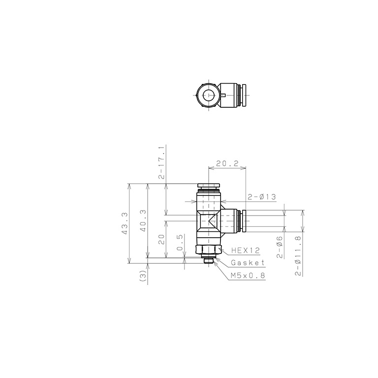 Bản vẽ kỹ thuật Đầu Nối Nhanh Khí Nén Dạng Chữ T Ren Ngoài Pisco PPD6-M5SUS-C