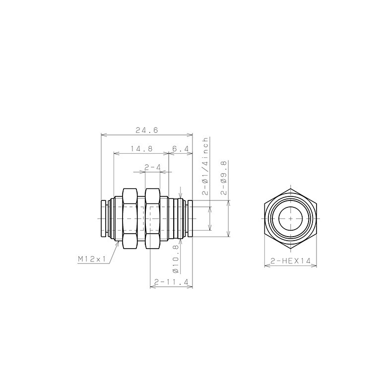 Bản vẽ kỹ thuật Đầu Nối Nhanh Khí Nén Dạng Thẳng Ren Ngoài Lắp Kẹp Vách Pisco PM1/4M-C