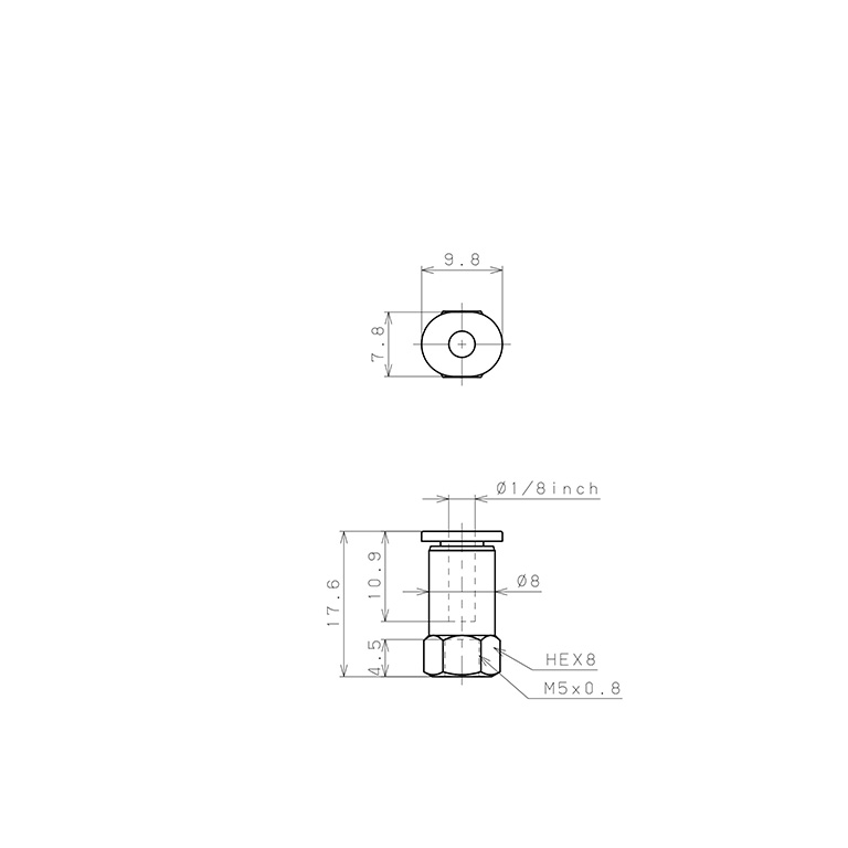 Bản vẽ kỹ thuật Đầu Nối Nhanh Khí Nén Dạng Thẳng Ren Trong Pisco PCF1/8-M5M