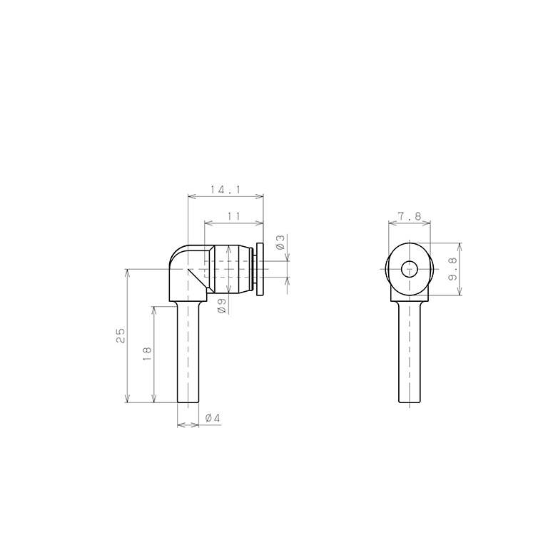 Bản vẽ kỹ thuật Đầu Nối Nhanh Khí Nén Giữa Ống Khí Và Fitting Dạng Nối Giảm Cong 90° Pisco PLGJ4-3MW