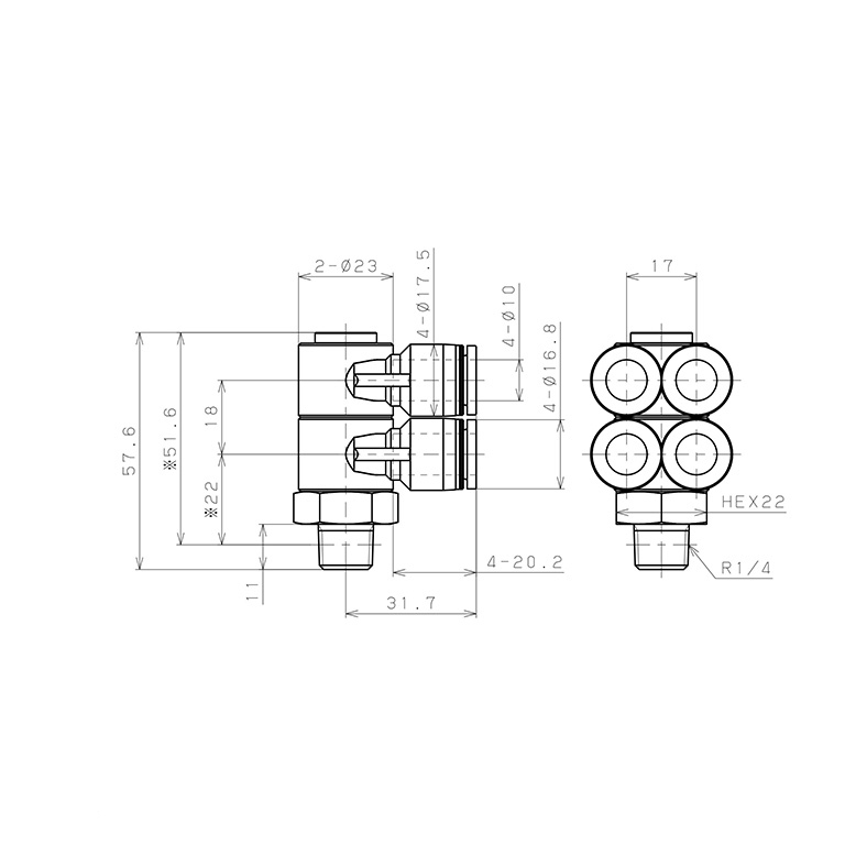 Bản vẽ kỹ thuật Đầu Nối Nhanh Khí Nén Bốn Nhánh Cong 90° Thân Lục Giác Trụ Ren Ngoài Pisco PAW10-02-C