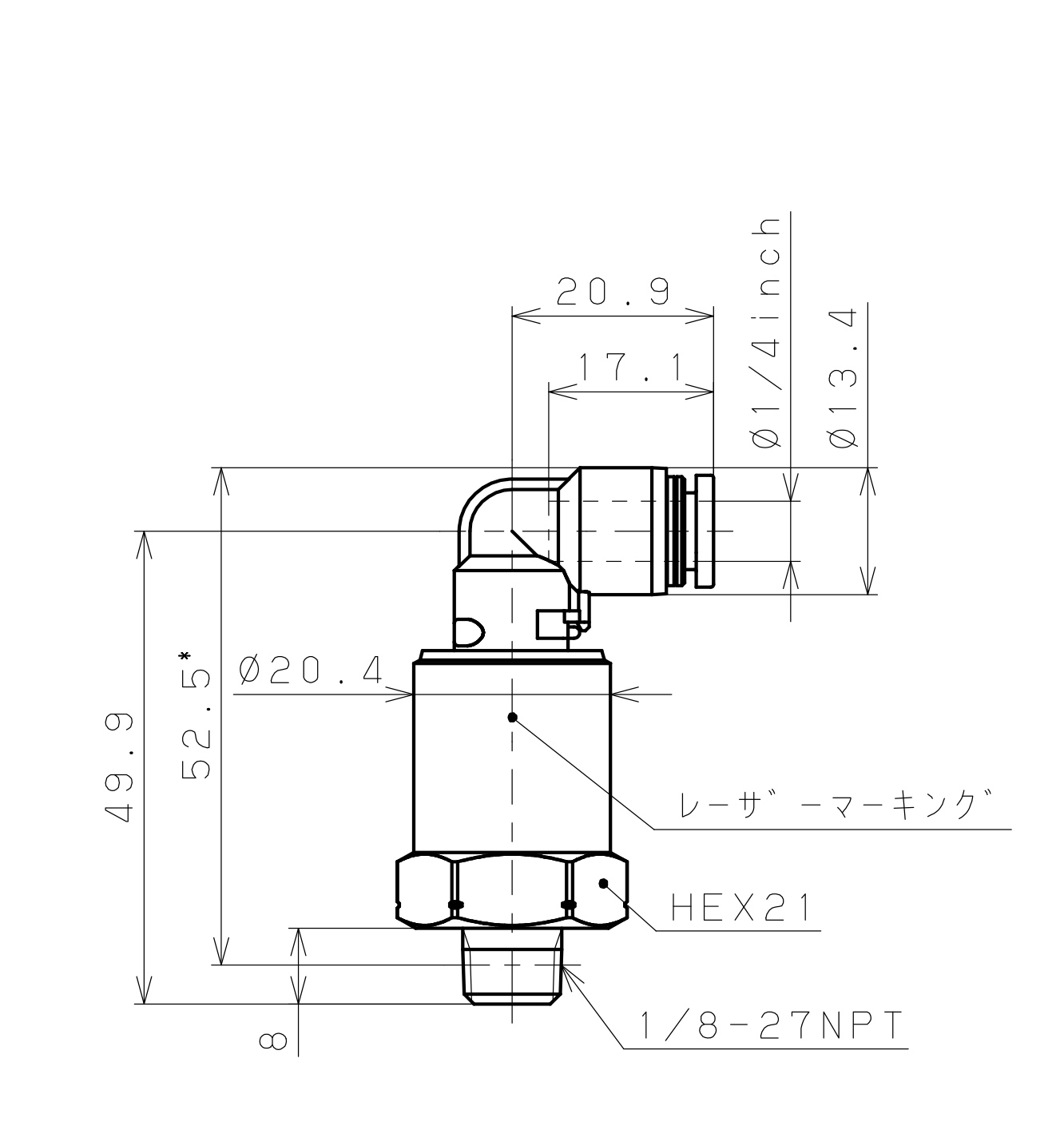 Bản vẽ kỹ thuật Đầu Nối Nhanh Khí Nén Dạng Cong 90° Ren Ngoài Có Khớp Xoay Pisco RAL1/4-N1SUS-F-TP