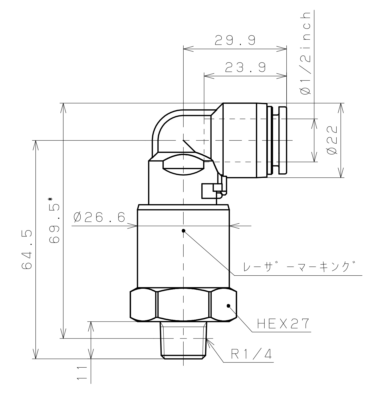 Bản vẽ kỹ thuật Đầu Nối Nhanh Khí Nén Dạng Thẳng Ren Ngoài Có Khớp Xoay Pisco RWL1/2-02SUS-F-TP
