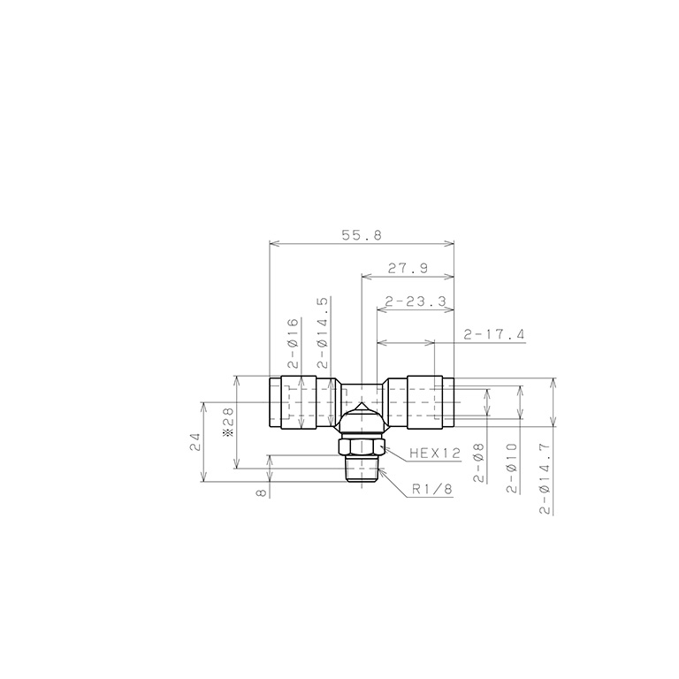 Bản vẽ kỹ thuật Đầu Nối Nhanh Khí Nén Dạng Chữ T Ren Ngoài Pisco PB8-01V-0