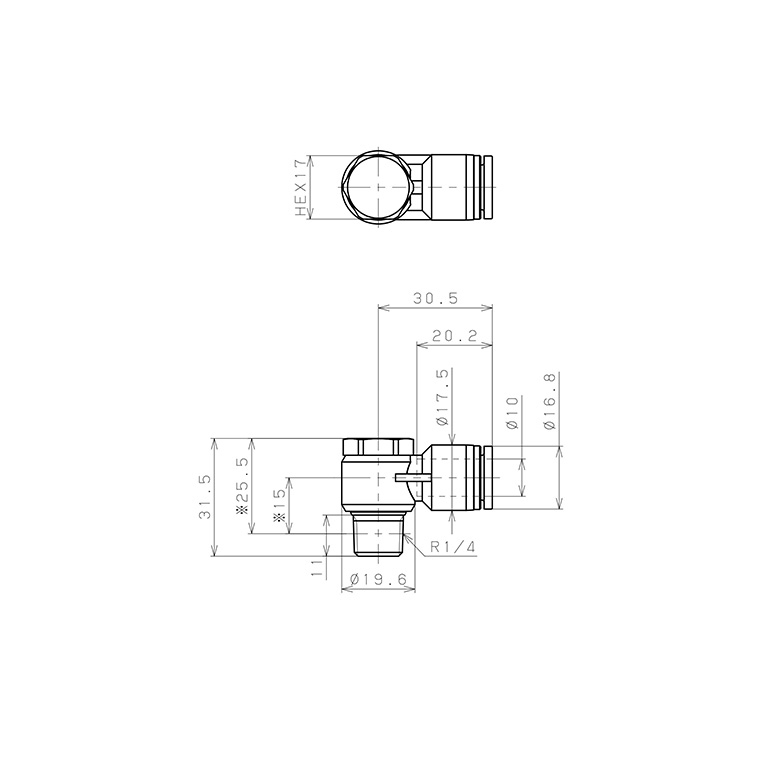 Bản vẽ kỹ thuật Đầu Nối Nhanh Khí Nén Cong 90° Đầu Lục Giác Trụ Ren Ngoài Pisco SPH10-02