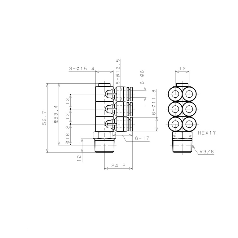 Bản vẽ kỹ thuật Đầu Nối Nhanh Khí Nén Sáu Nhánh Cong 90° Thân Lục Giác Trụ Ren Ngoài Pisco PAT6-03W