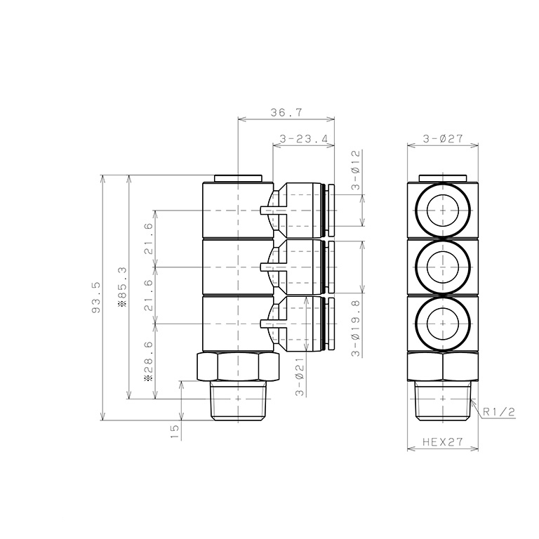 Bản vẽ kỹ thuật Đầu Nối Nhanh Khí Nén Ba Nhánh Cong 90° Thân Lục Giác Trụ Ren Ngoài Pisco PHT12-04