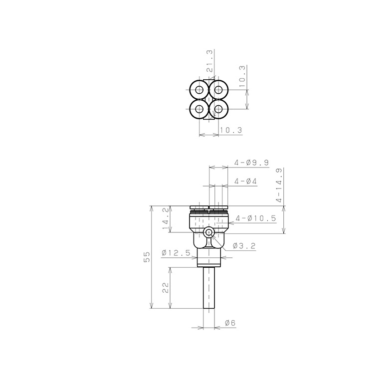 Bản vẽ kỹ thuật Đầu Nối Nhanh Khí Nén Giữa Ống Khí Và Fitting Bốn Nhánh Dạng Chữ Y Pisco PRJ6-4W