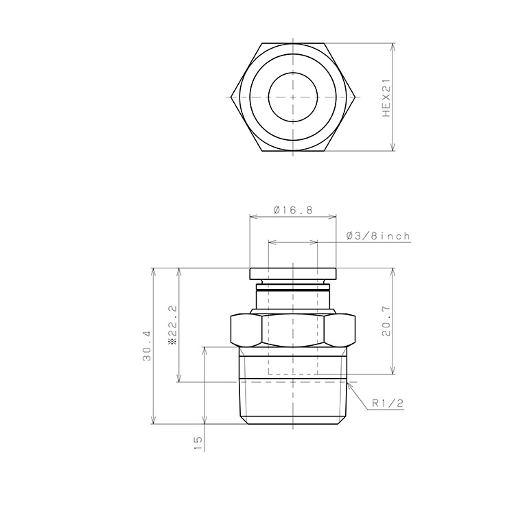 Bản vẽ kỹ thuật Đầu Nối Nhanh Khí Nén Dạng Thẳng Thân Lục Giác Ren Ngoài Pisco PC3/8-04