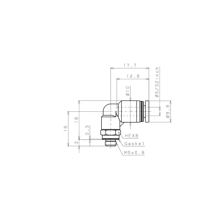 Bản vẽ kỹ thuật Đầu Nối Nhanh Khí Nén Dạng Cong 90° Ren Ngoài Pisco PL5/32-M5-C