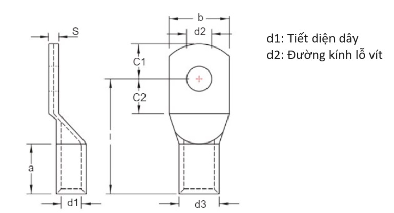 Bản vẽ kỹ thuật Đầu Cosse Đồng Trần 50 mm2 KST TLK50-8
