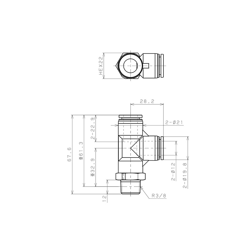Bản vẽ kỹ thuật Đầu Nối Nhanh Khí Nén Dạng Chữ T Ren Ngoài Pisco SPPD12-03