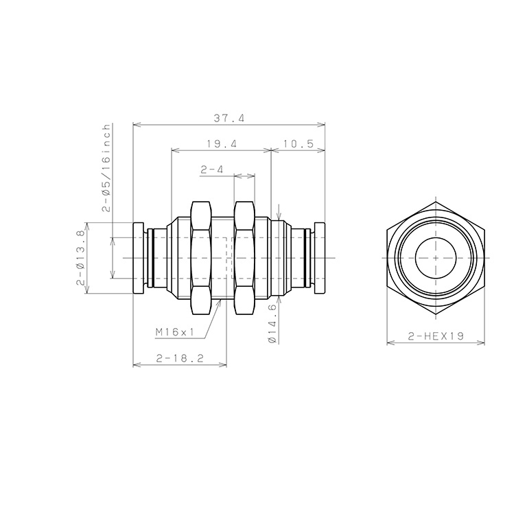 Bản vẽ kỹ thuật Đầu Nối Nhanh Khí Nén Dạng Thẳng Ren Ngoài Lắp Kẹp Vách Pisco PM5/16W-C