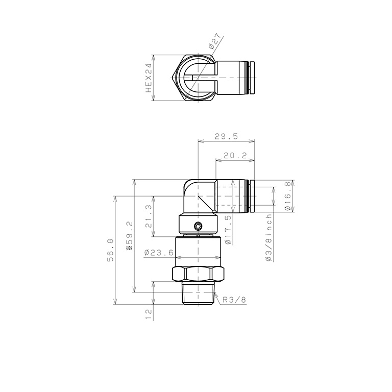 Bản vẽ kỹ thuật Đầu Nối Nhanh Khí Nén Dạng Cong 90° Ren Ngoài Có Khớp Xoay Tốc Độ Cao Pisco RHL3/8-03