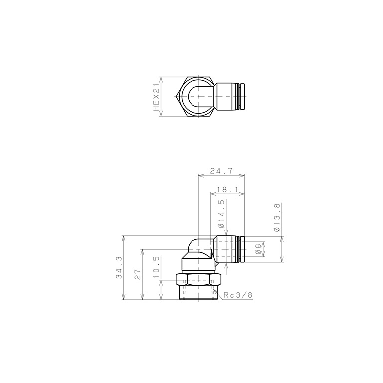 Bản vẽ kỹ thuật Đầu Nối Nhanh Khí Nén Dạng Cong 90° Ren Trong Pisco PLF8-03W