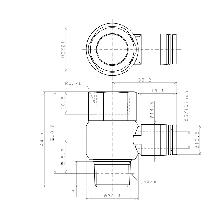 Bản vẽ kỹ thuật Đầu Nối Nhanh Khí Nén Cong 90° Đầu Lục Giác Trụ Ren Đực Cái Pisco PHF5/16-03