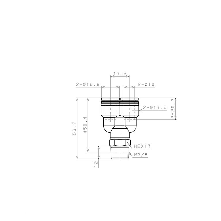 Bản vẽ kỹ thuật Đầu Nối Nhanh Khí Nén Dạng Chữ Y Ren Ngoài Pisco PX10-03