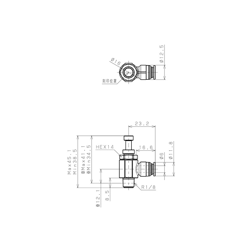 Bản vẽ kỹ thuật Van Tiết Lưu Khí Nén Bằng Đồng Mạ Niken Pisco KJSC6-01A-1-F