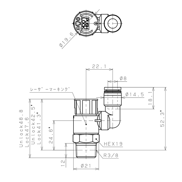Bản vẽ kỹ thuật Van Tiết Lưu Khí Nén Loại Khóa Đẩy Có Hiển Thị Chỉ Số Pisco JSGS8-03BW