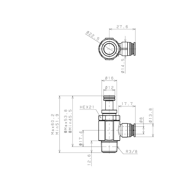 Bản vẽ kỹ thuật Van Tiết Lưu Khí Nén Chân Kim, Đồng Mạ Niken Pisco KJNC8-03-1