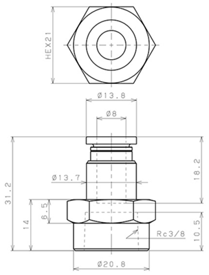 Bản vẽ kỹ thuật Đầu Nối Nhanh Khí Nén Thẳng Phi 8mm Ren Trong R3/8 Pisco PCF8-03