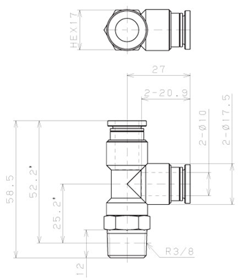 Bản vẽ kỹ thuật Đầu Nối Nhanh Khí Nén Dạng Chữ T Ren Ngoài Pisco KD10-03-1