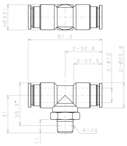 Bản vẽ kỹ thuật Đầu Nối Nhanh Khí Nén Dạng Chữ T Ren Ngoài Pisco KB12-02-1
