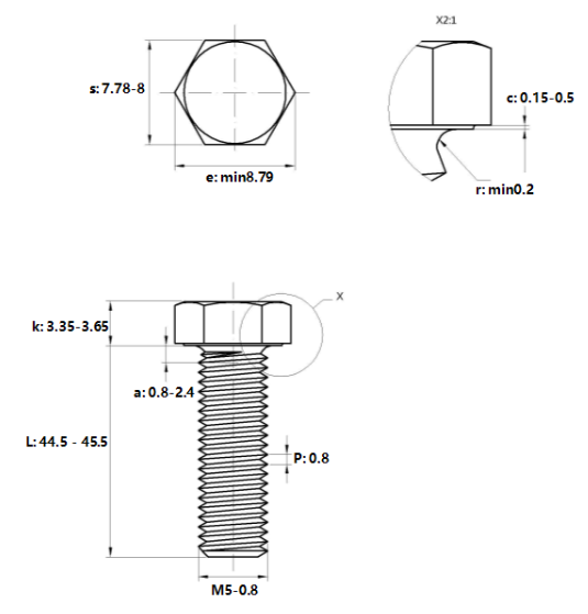 Bản vẽ kỹ thuật Bulong Thép Đen 8.8 DIN933 M5x45