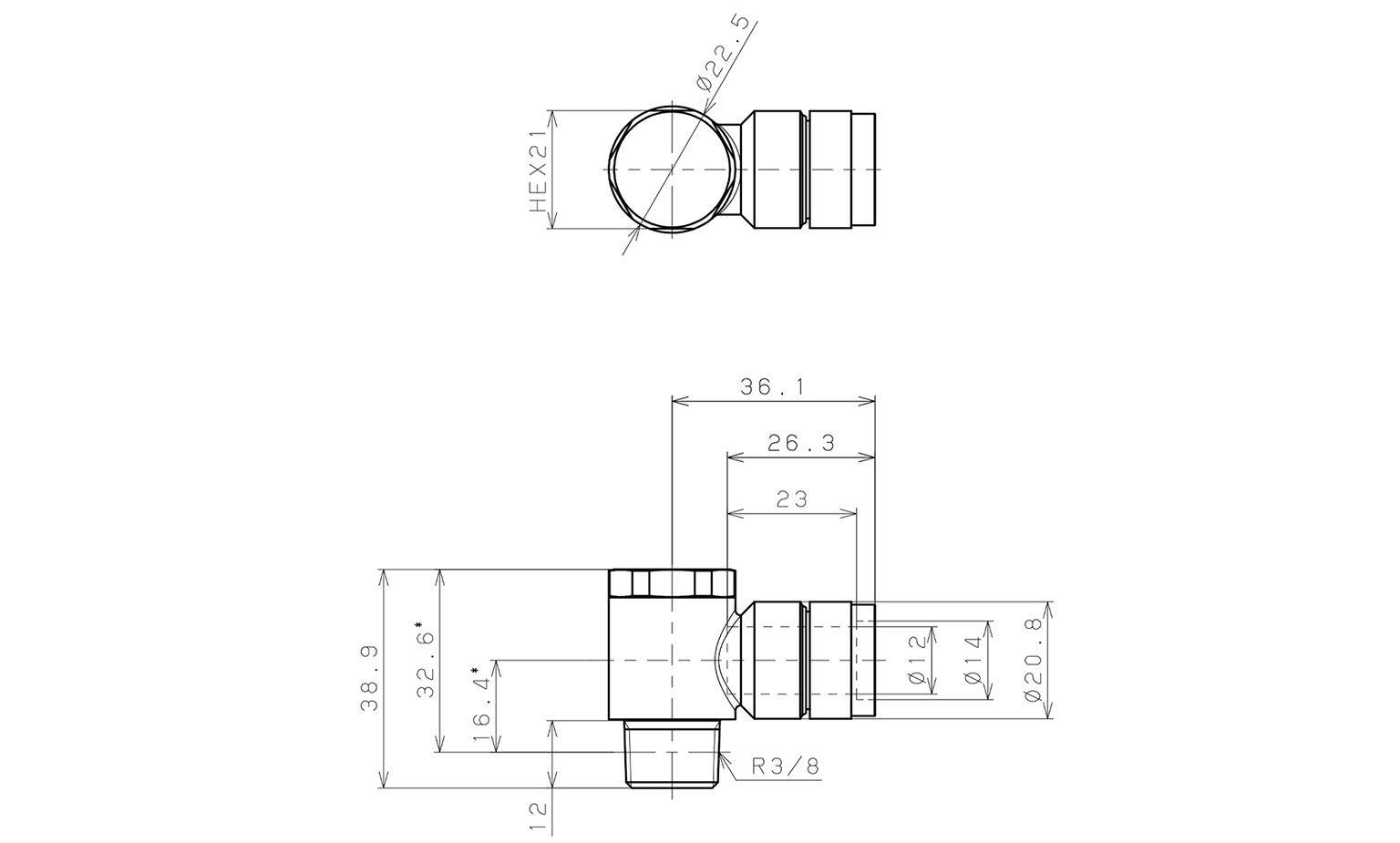 Bản vẽ kỹ thuật Đầu Nối Nhanh Khí Nén Cong 90° Đầu Lục Giác Trụ Ren Ngoài Pisco KH12-03-F