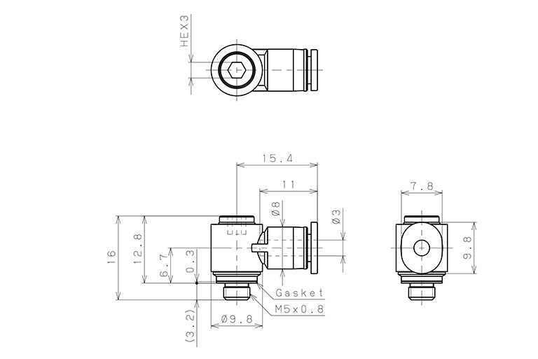 Bản vẽ kỹ thuật Đầu Nối Nhanh Khí Nén Dạng Cong 90° Đầu Lục Giác Chìm Ren Ngoài Pisco POL3-M5M-C