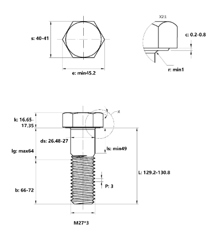 Bản vẽ kỹ thuật Bulong Nhúng Nóng 8.8 DIN931 M27x130 Ren Lửng