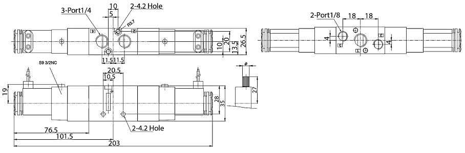 Bản vẽ kỹ thuật Van Điện Từ Khí Nén Solenoid 5/3 2 Coil Parker Size PT1/4 PHS-520C-02-220V