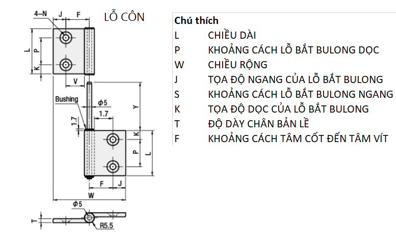 Bản vẽ kỹ thuật Bản Lề Phải Tháo Rời Nhôm Hợp Kim Mạ Anodized Trắng (HHPFRN6) L 40 mm