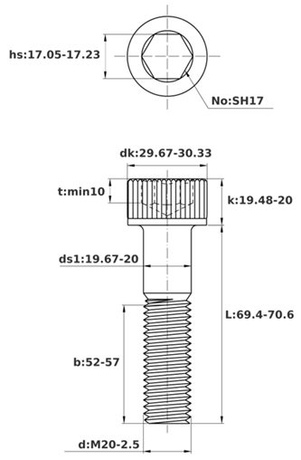 Bản vẽ kỹ thuật Lục Giác Chìm Đầu Trụ Thép Đen 12.9 DIN912 M20x70 Ren Lửng
