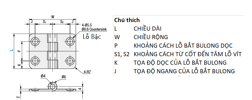 Bản vẽ kỹ thuật Bản Lề Lá Inox 304 (C-SHHPSD50) L 50 mm