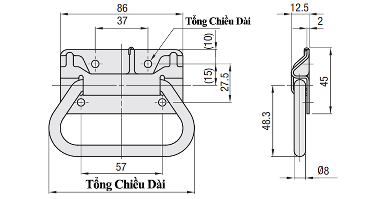 Bản vẽ kỹ thuật Tay Xách Gập Inox 304 L 102 mm (UWUASPS102)