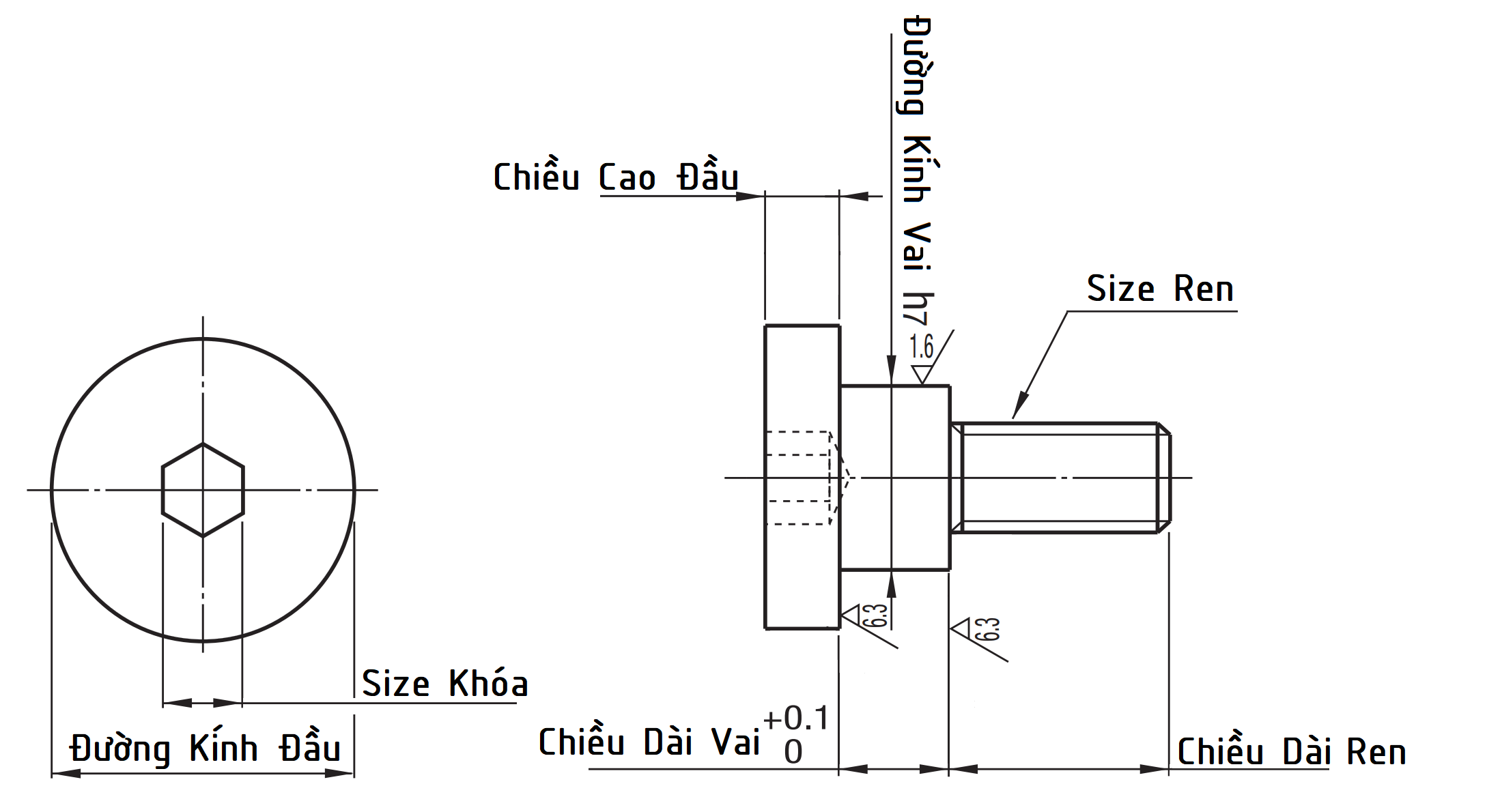 Bản vẽ kỹ thuật Bulong Dẫn Hướng Đầu Thấp M5x8x5 Inox 303 DBS5-8-5